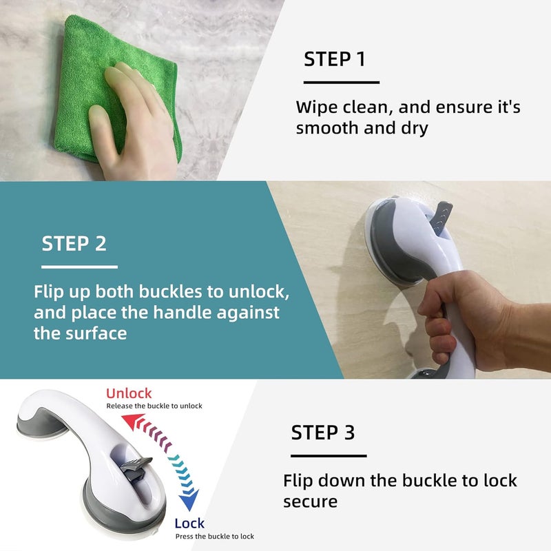 Gemroom 2 Pack Heavy-Duty Shower Grab Bars - 16.5 Inch Grey Suction Bar Handles for Elderly, Seniors, Handicap, Safety Balance Assist Grip for Bathroom, Toilet - Anti-Slip, Shower Handles Hand Rail - Image 4